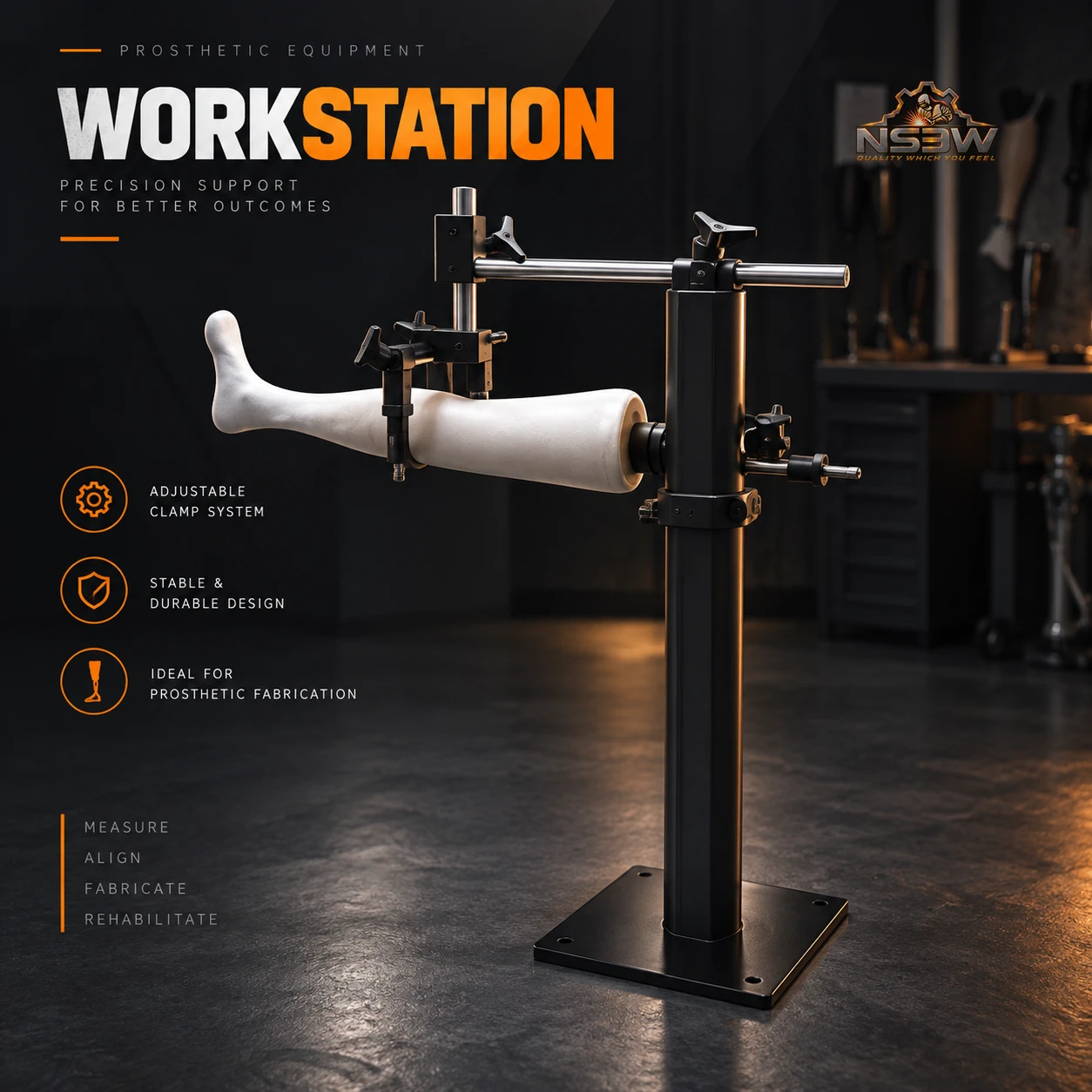 NSEW adjustable work station for prosthetic and orthotic fabrication